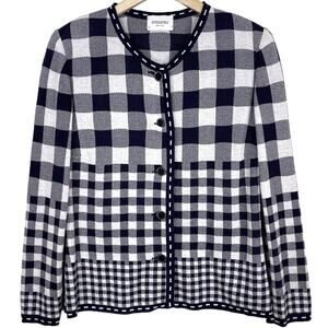 Stizzoli Italy Buffalo Plaid Cardigan Sweater Womens 46 / US L Navy Blue Preppy